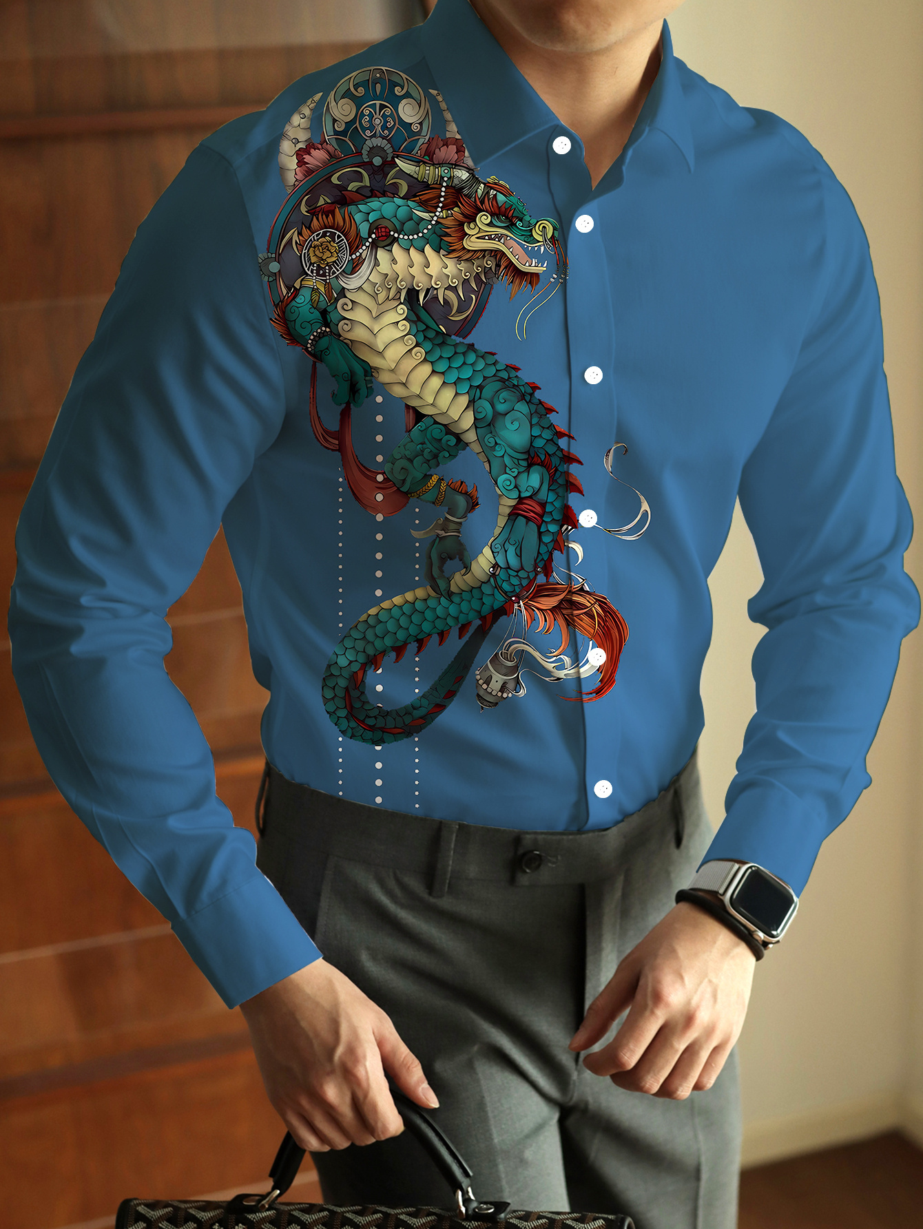 *'s Plus Size Bohemian Dragon Print Long Sleeve Shirt Casual Green  Button-Up with Colorful Detailing, Polyester Blend, Ideal for Spring/Fall,  PLUS