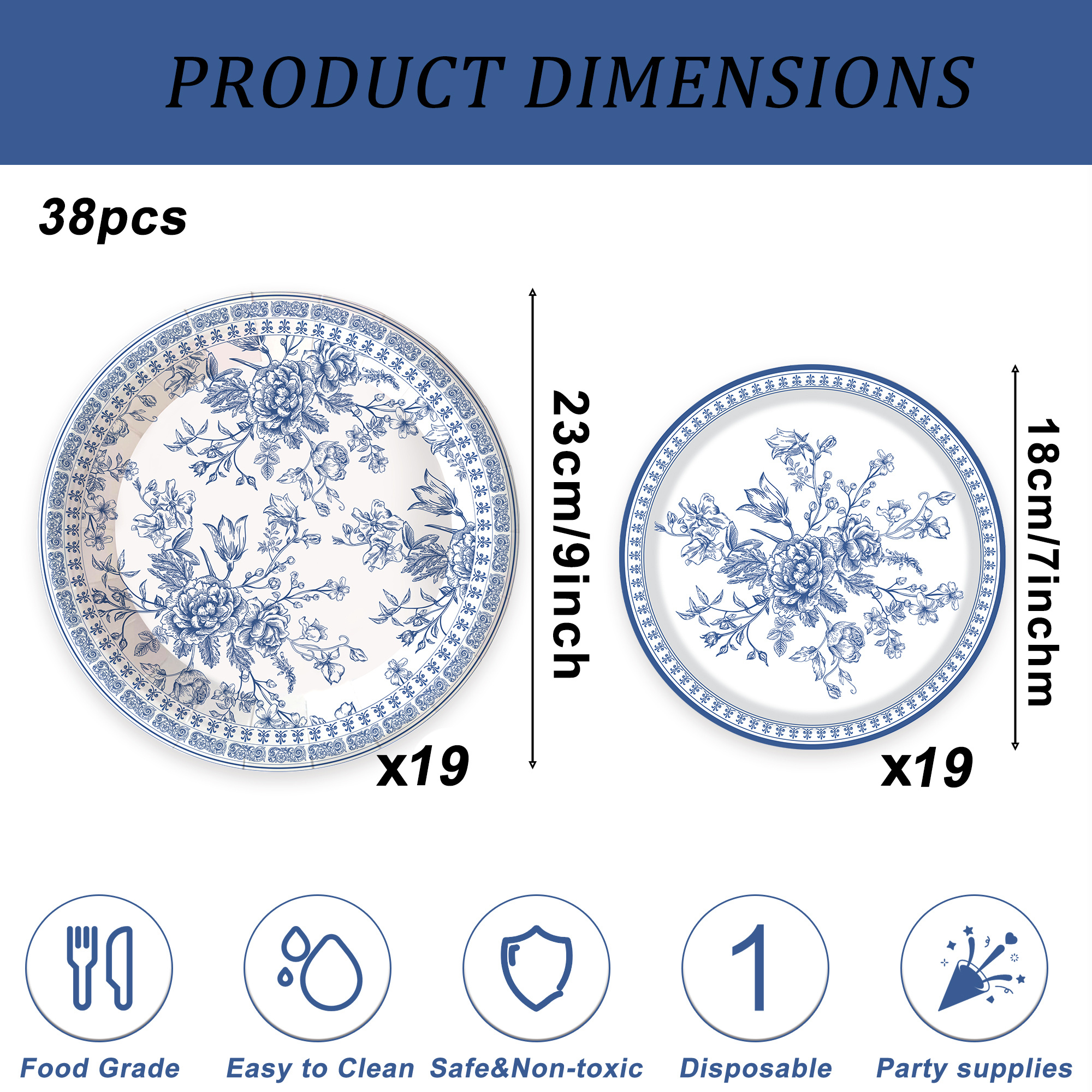 TEMU 38pcs Vintage Blue And White Porcelain Party Paper Plates, Disposable Party Paper Plates, Includes 9-inch Large Plates, 7-inch Small Plates, And