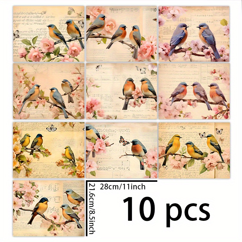 TEMU Set van 1 met 10 vellen (11*8,5 inch) klassiek romantisch materiaal met op pruimenbloesem-achtergrond voor doe-het-zelf vintage dagboek,