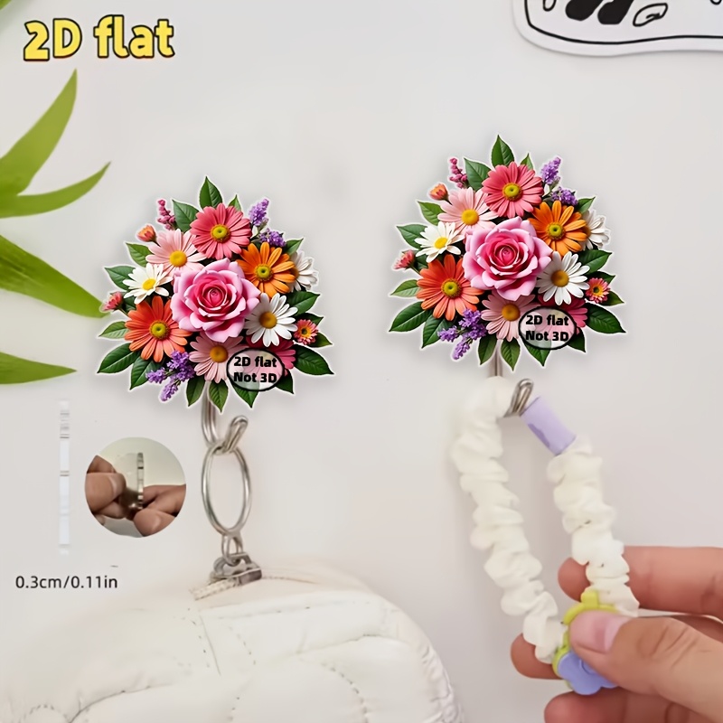 TEMU 2pcs Set 2d Flat Acrylic Adhesive Hooks With Colorful Floral Patterns, Rustic Style Self-adhesive Hooks, Suitable For Kitchen, Bathroom, Room