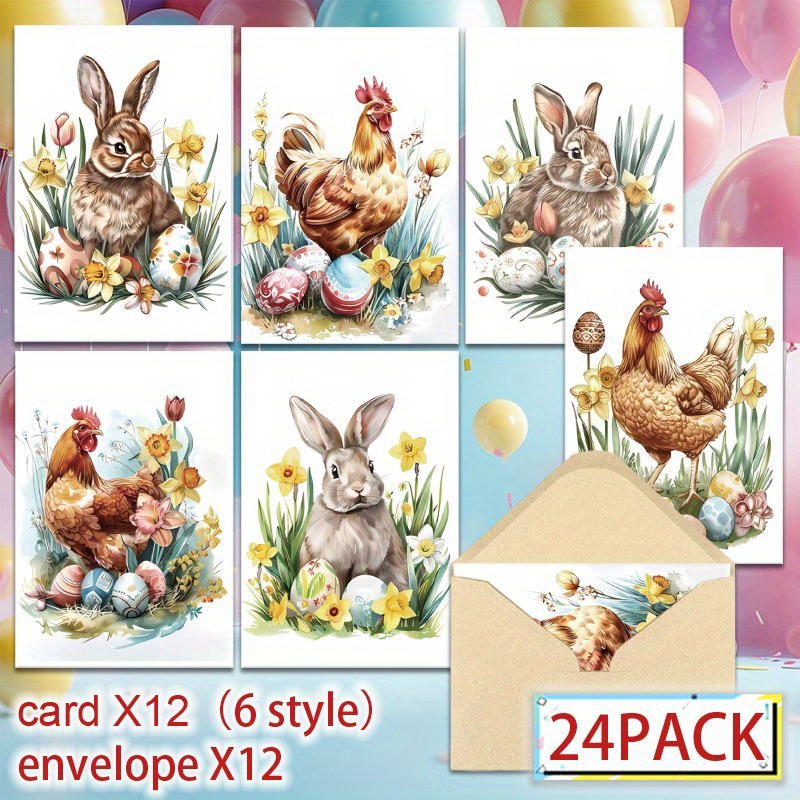 

24pcs Vintage Easter Bunny And Chicken Greeting Cards, Assorted Multi- Craft Cards, With Envelopes, For , New Year Gift