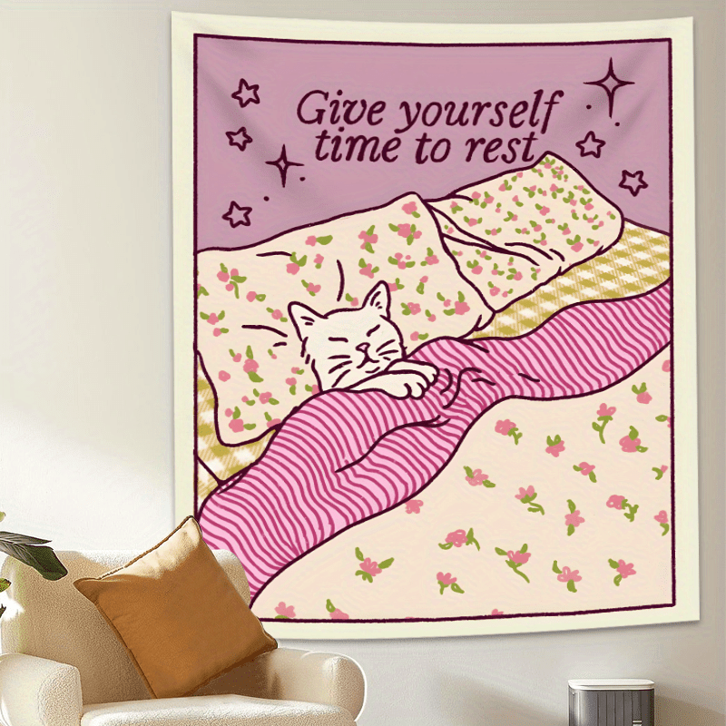 Chic Pink Cat Tapestry With Inspirational Quote And Floral Design_voghion.com