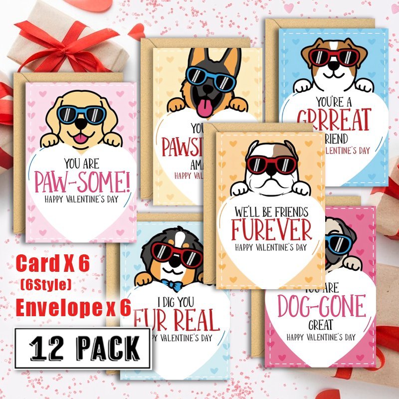 

12-pack Dog-themed Valentine's Day Cards With Envelopes, Assorted Mixed Patterns, Paper Cards For Husband, Wife, Boyfriend, Girlfriend - Holiday Greetings Set