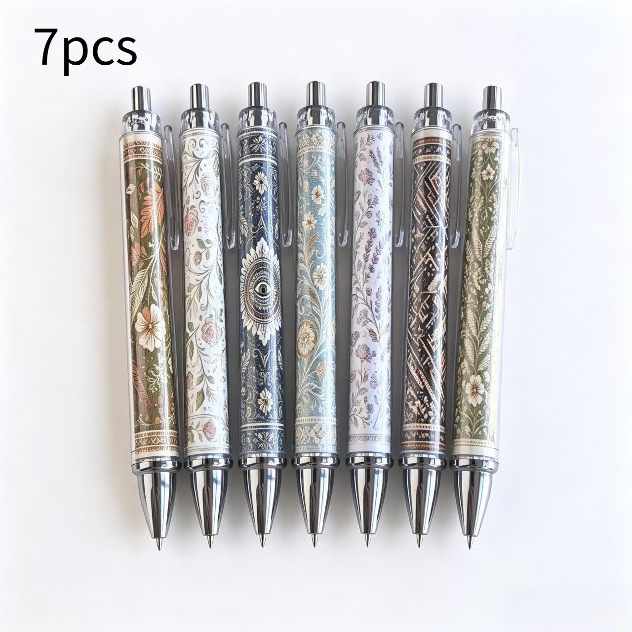 TEMU 7pcs Bohemian Exquisite Plant Printing Fashion Stationery, Popular Aesthetic Journal Office Decoration Gift Pen, Turned Into A Portable Artwork.