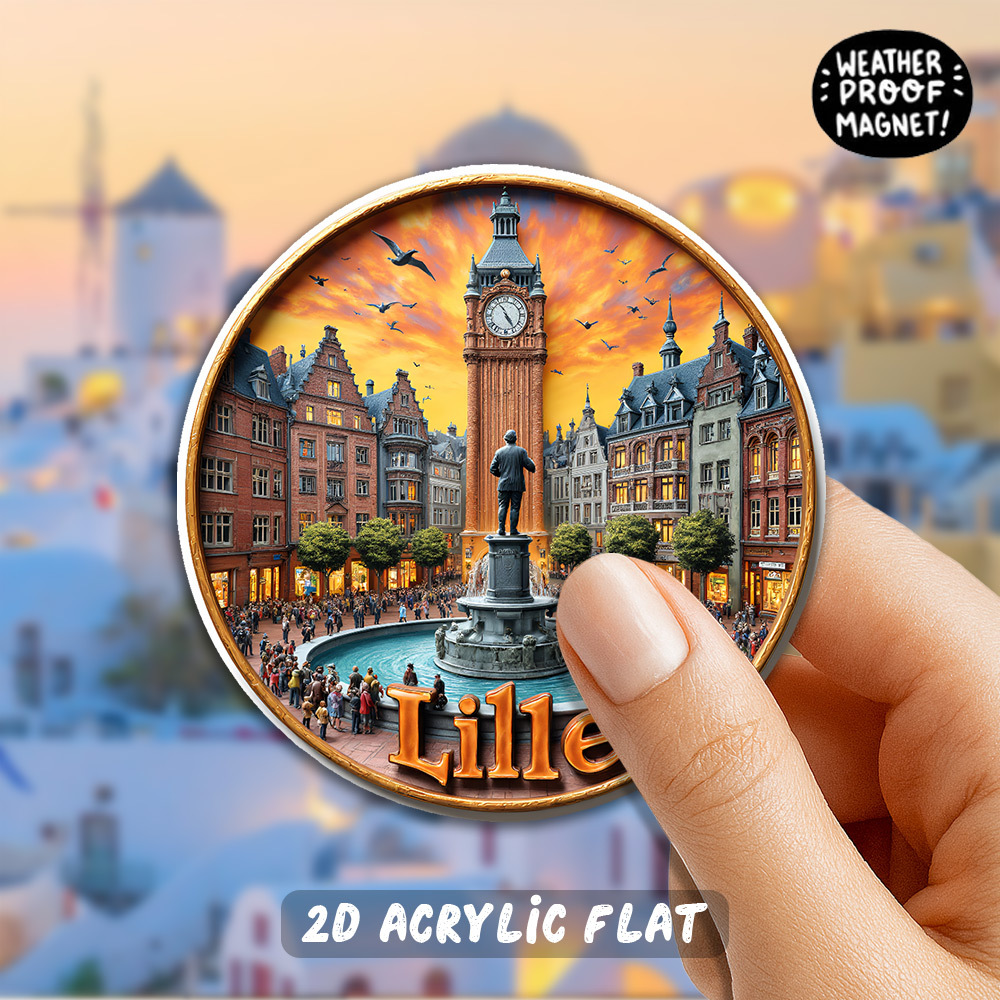 TEMU 2d Flat, 1pc Acrylic Refrigerator Magnet, Lille Art Deco - Designed Featuring Clock Tower & Sunset - Ideal For Travel , Art Lovers & Holiday