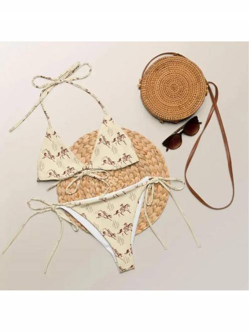 western cowboy cactus print bikini set womens cream colored halter neck tie side swim swimsuit summer beach country two piece swimwear rodeo vintage bohemian vacation sunbathing usa