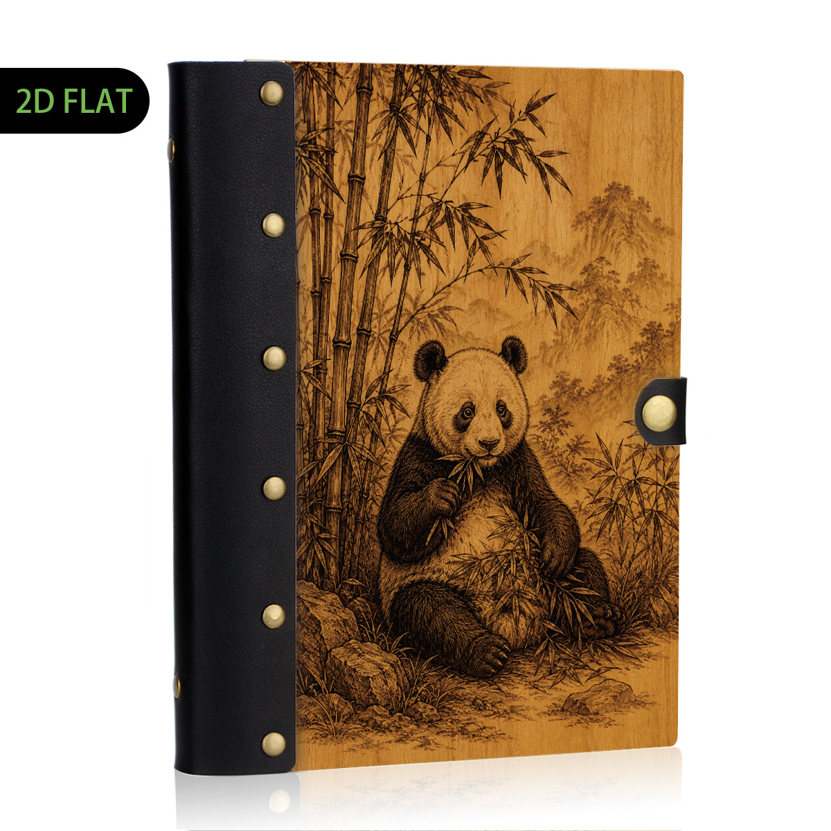 TEMU 1pc Leather And Wooden Hardcover Notebook Design, 2d Flat Journal Diary, Rustic Wood Grain Chinese Mountain Line Art, Travel Writing Office Gift
