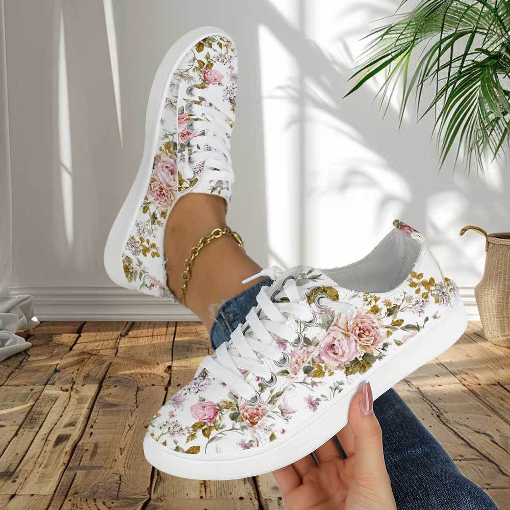 TEMU [sneakers] Ladies' New Seasonal Comfortable And Stylish Versatile Casual Shoes Featuring A Gentle Watercolor Rose Print, Perfect For And Elegant