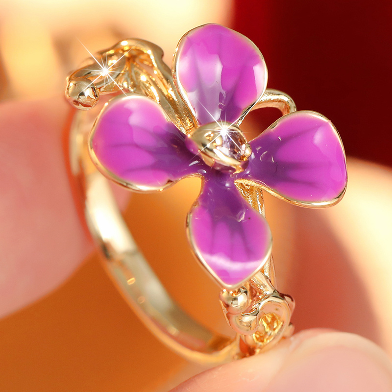 Women's Exquisite Golden Enamel Flower Ring, Cute Gift