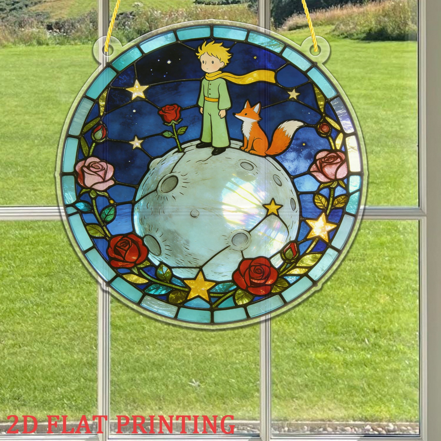 E-shop 2D-Flach, . Sonnenfänger-Ornament mit Der kleine -Motiv, Der kleine auf einem Planeten mit Rose Fuchs, Acryl, geeignet für Innenscheiben,