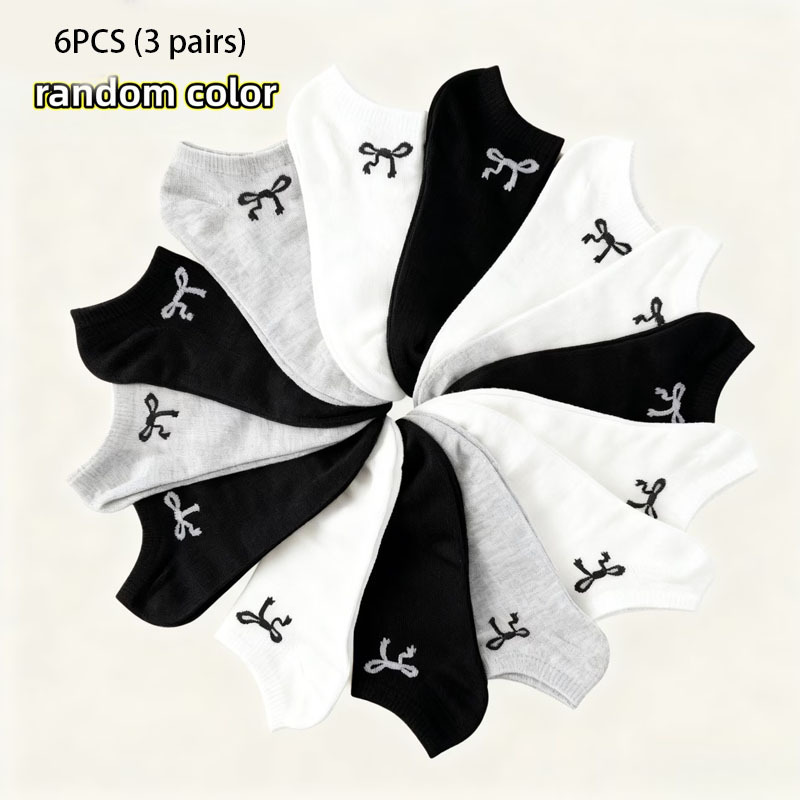 TEMU Random Color 6pcs (3 Pairs) Per Pack Of Women's And Unisex Bow Short Socks - Breathable, Suitable For Spring And Summer, Invisible Compression