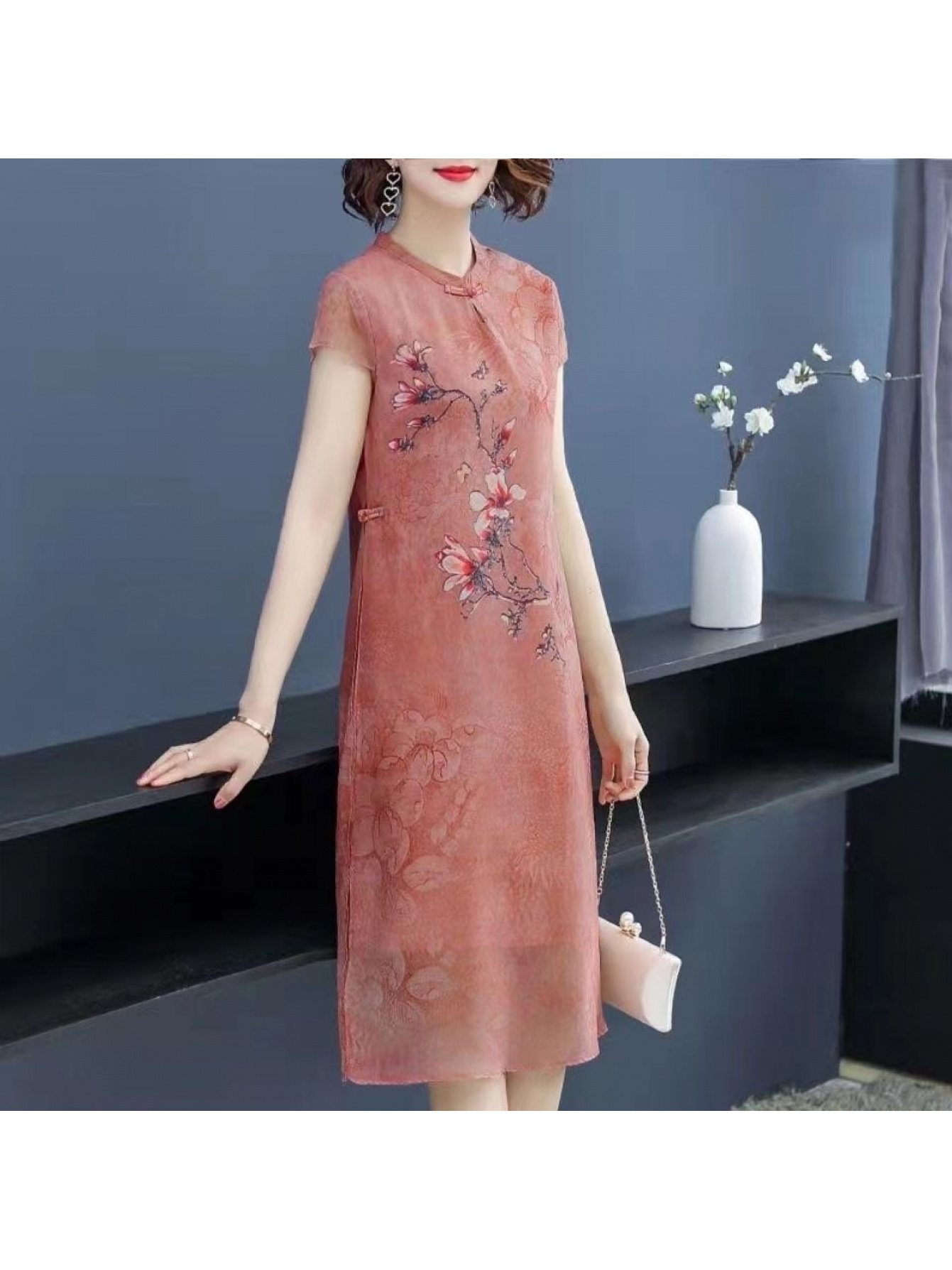 plus size   paint floral dress womens clothing for middle aged and elderly stand up collar three quarter sleeves loose and   length dress