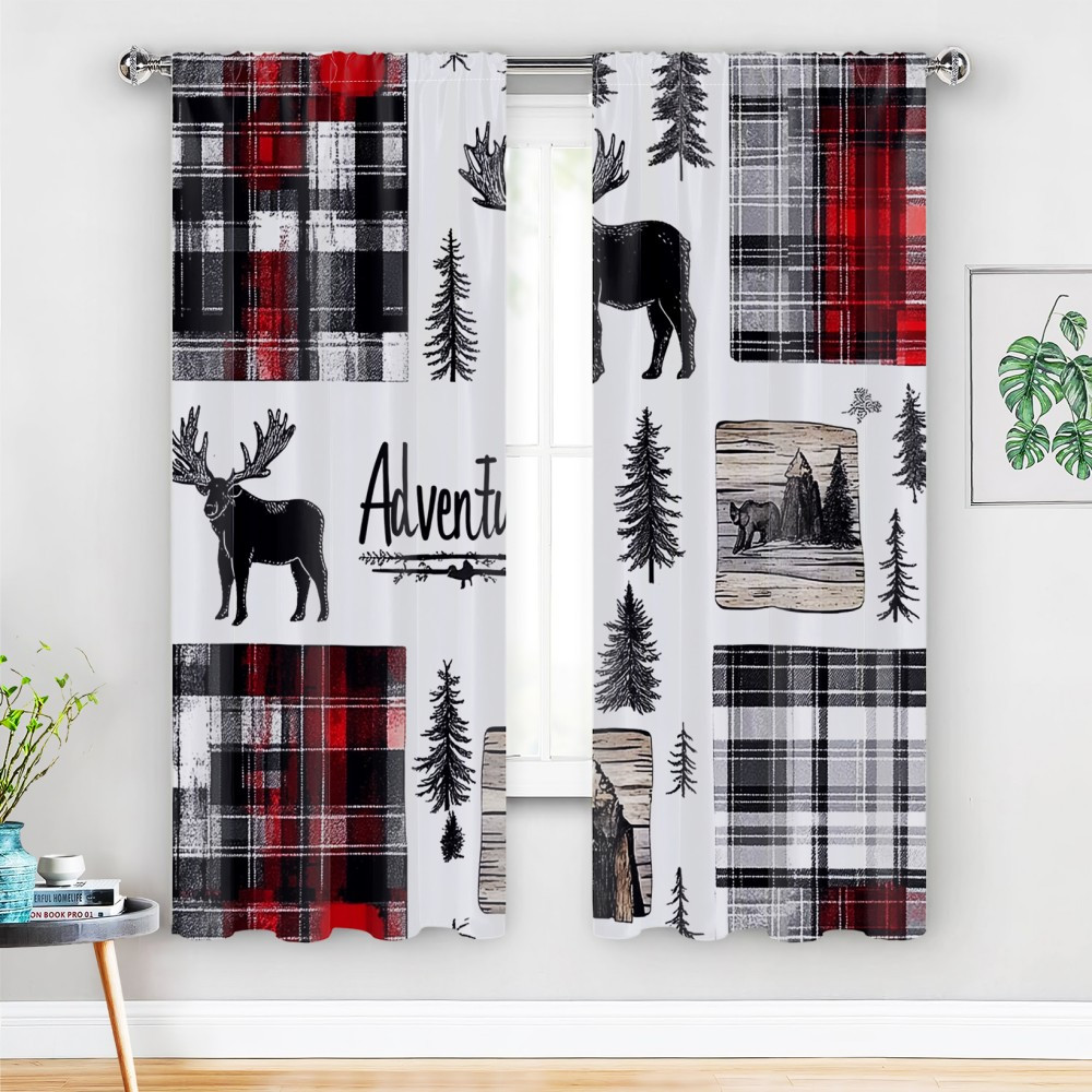 

2pcs Classic Polyester Rustic Wildlife Blackout Curtains, Bear & Deer Aztec Cabin Window Drapes For Bedroom & Decor