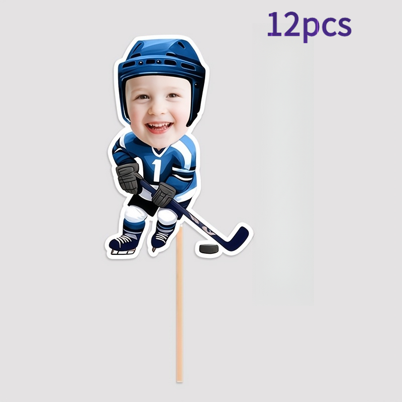 TEMU 6/12pcs Piquets à Cupcake Personnalisés avec Photo de Visage, Décoration de Gâteau Portrait de de Hockey sur Glace pour Fournitures de Fête