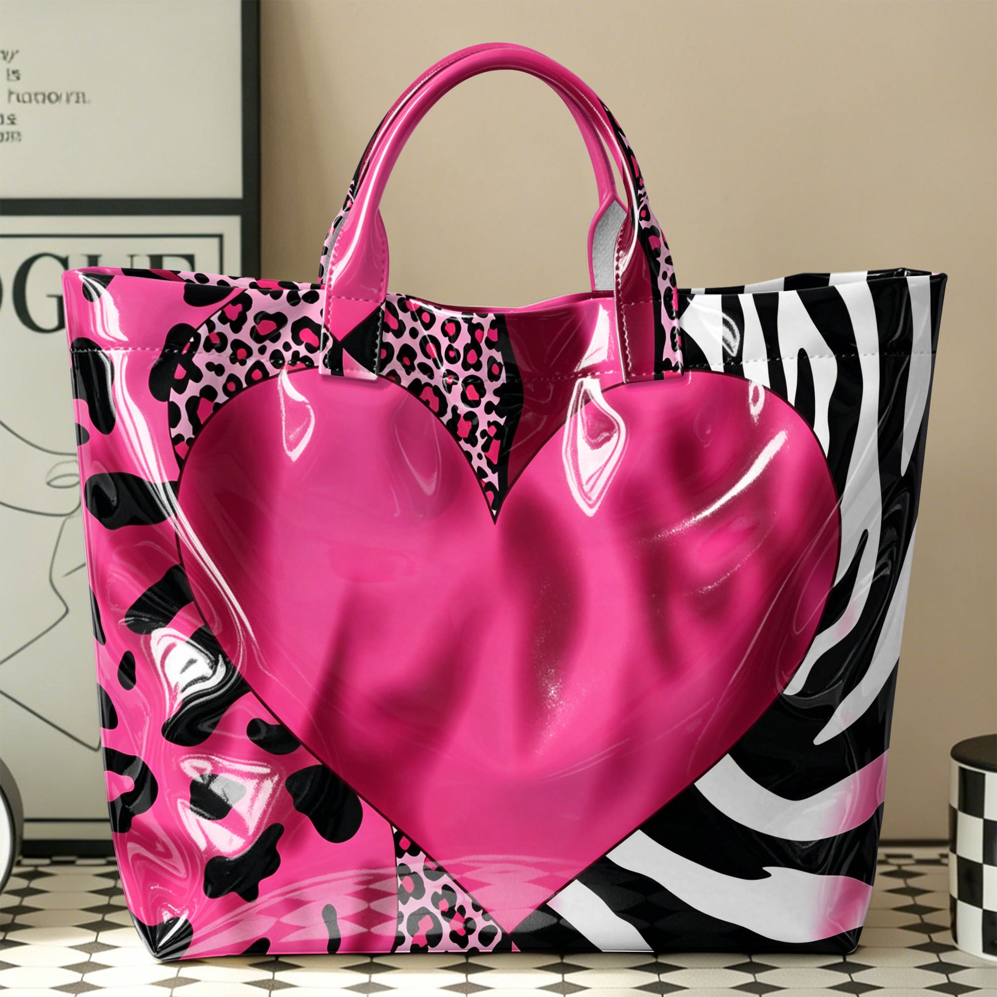 Women' Large Capacity Glossy Tote Bag With Animal Print & Heart - Lightweight/shuperfiber Carryall Suitable For Beach, Travel, Work, Shopping, Zipper Closure Handbag, Options (hand Washable)