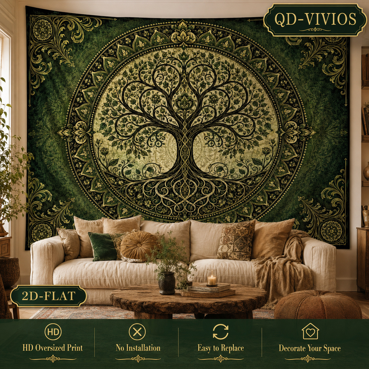 TEMU 2d Flat, 1pc Qd_vivios Extra Large Of Life Tapestry - Boho Botanical Wall Hanging With Horizontal Mandala, Large Horizontal Bohemian Wall Art