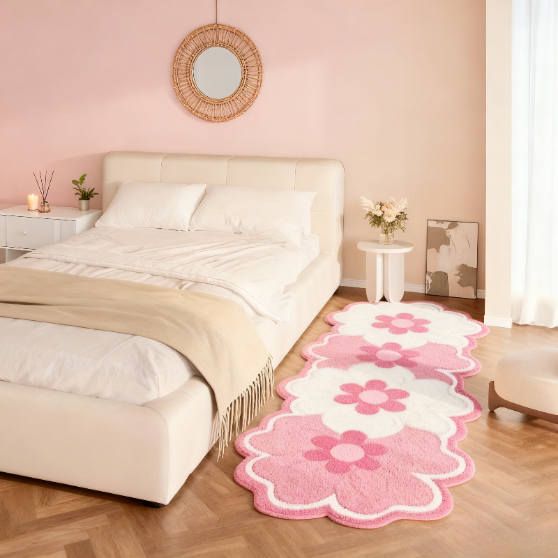 TEMU Faux Cashmere 1000g X 10mm Pink Floral Creamy Wind Long Strip Bedside Rug Petal Shaped Pattern Bedroom Decoration Plush Carpet Fluffy Room Study