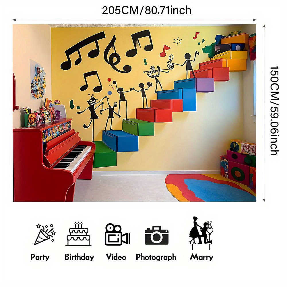TEMU 1pc Musical Themed Wall Art Backdrop Banner - Vibrant Musical Notes & Instruments Design, Durable Polyester Fabric For Indoor/outdoor Use, No