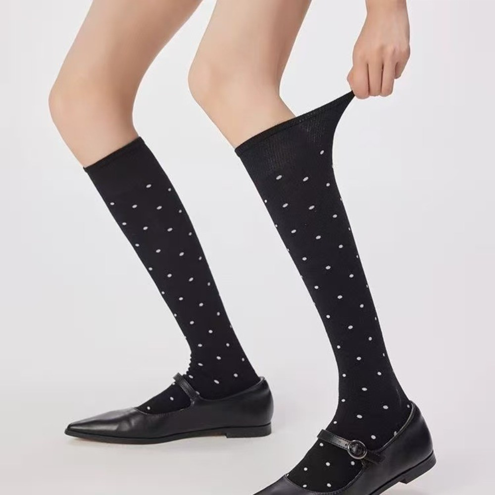 TEMU 1 Pair Women's Elegant Versatile Long Socks - Elastic Open-toe Design, Navy Blue With Red Polka Dots, Suitable For Daily And Formal Occasions -