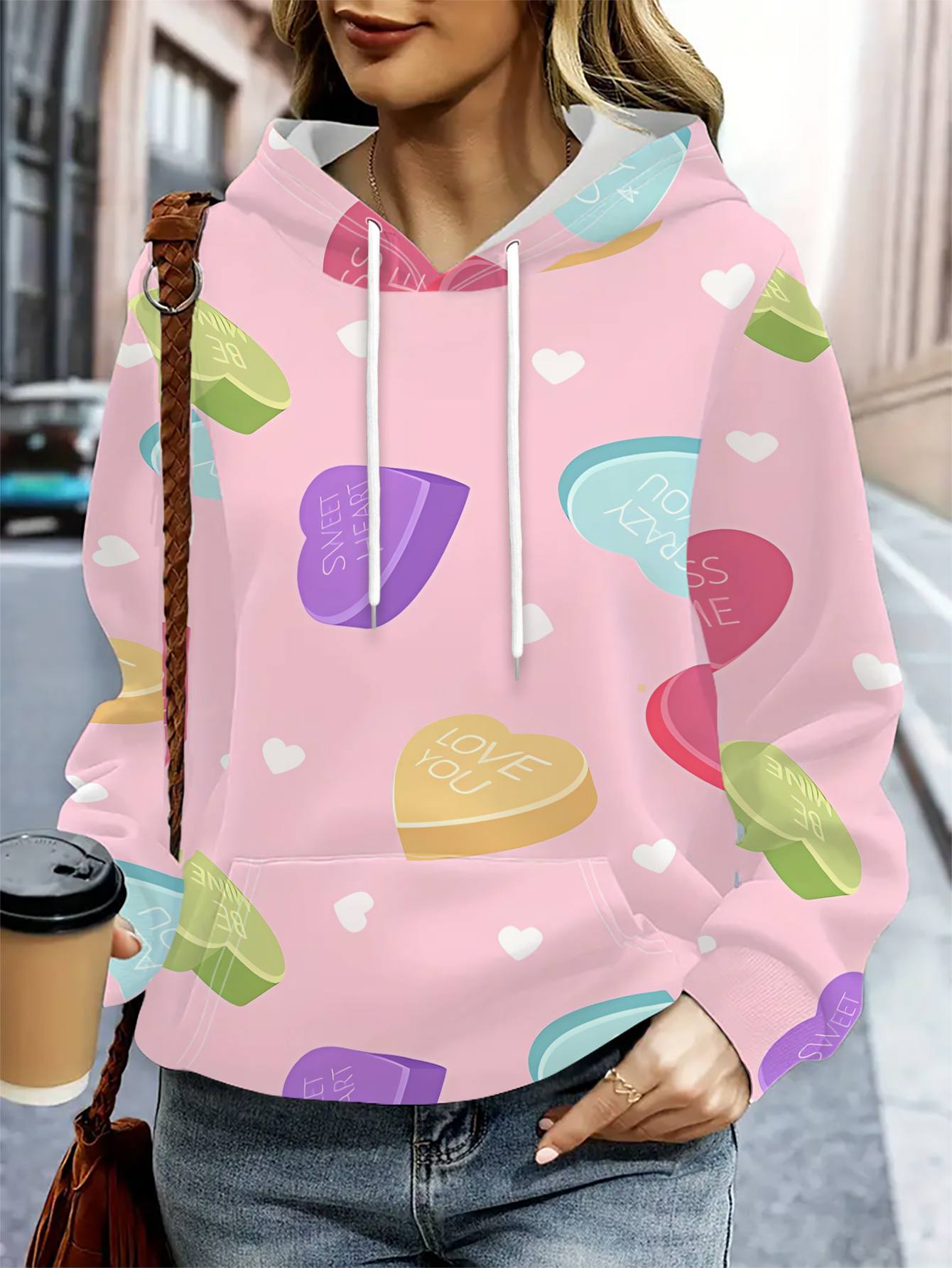 womens casual athletic hoodie candy heart pattern   background   mothers day gift
