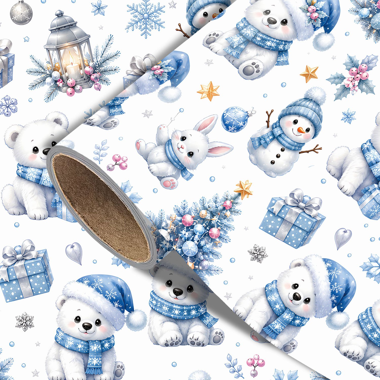 TEMU Roll Blue Teddy Wrapping Paper Suitable For Xmas Gifts, Winter Birthday Party Decorations With , Trees & Snowflakes Designs - Single-sided Print