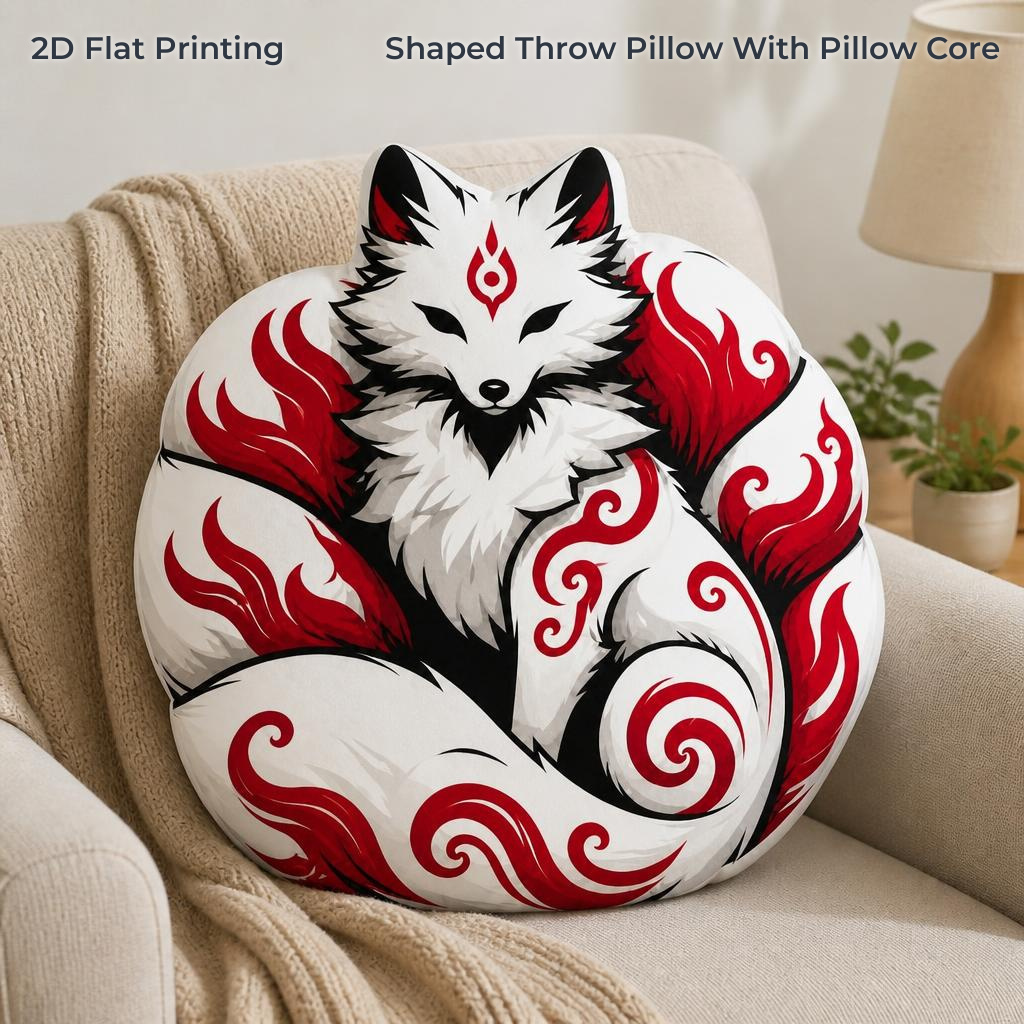 TEMU Coussin décoratif de japonaise à queues, imprimé plat 2D, cadeau de folklore japonais, oreiller jeté en peluche pour chambre à coucher, canapé,