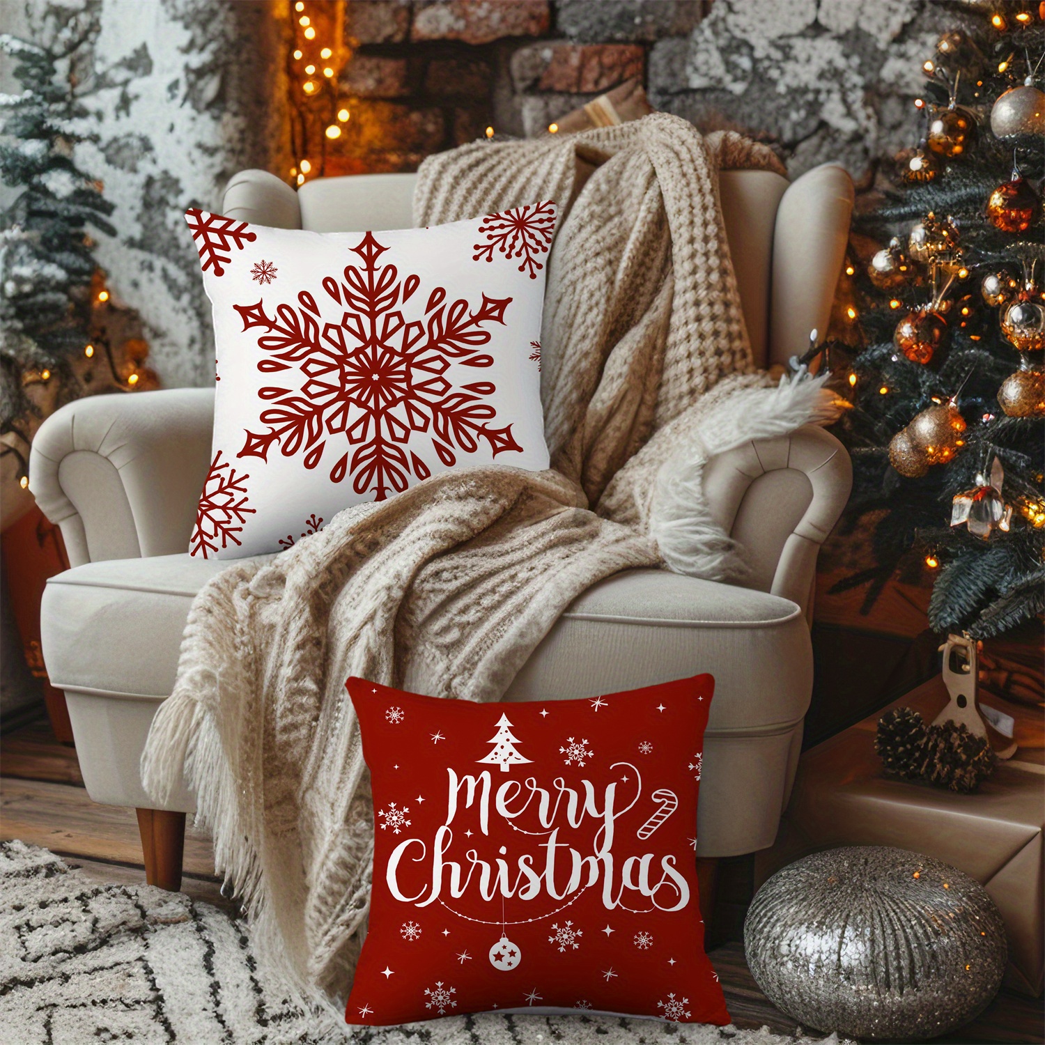4pcs Christmas Throw Pillow Covers - Merry Christmas Christmas Tree Snowflake Christmas Ornament Designs, Zip Closure, Farmhouse Winter Holiday Decorative Cushion Case for Bedroom Sofa Couch