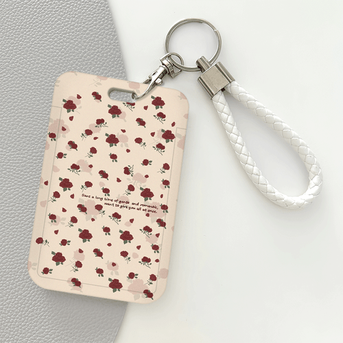 kastanjebruine roos id-kaarthouder sleutelhanger met witte kunststof behuizing & beige rand - /rode bloemkaart voor personeel, studenten, credit/bus/bankkaarten, verpleegkundige id-badge accessoire (duurzame hoes cadeau voor vrouwen & mannen)