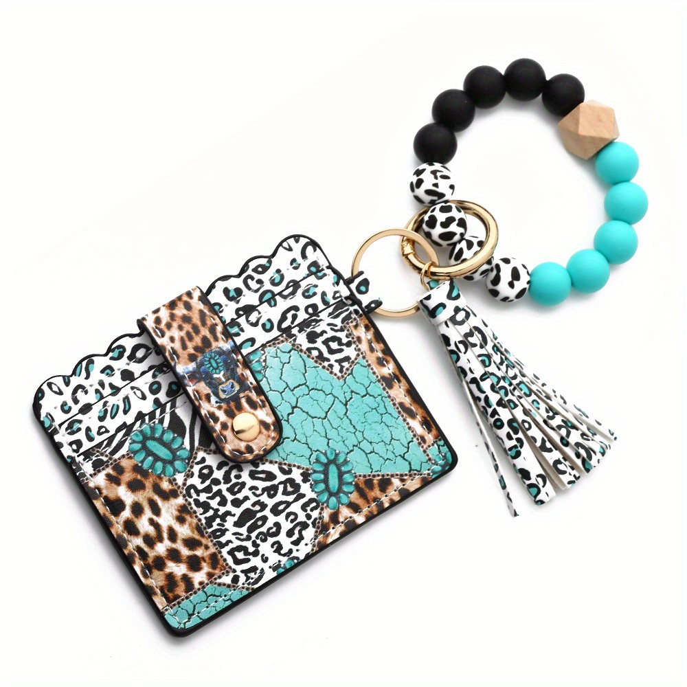 TEMU Color Block Keychain Wallet Wristlet Small Credit Card Holder Bracelet Key Chain, Slim Rfid Credit Card Holder Purse Tassel Keychain Bangle Key Ring