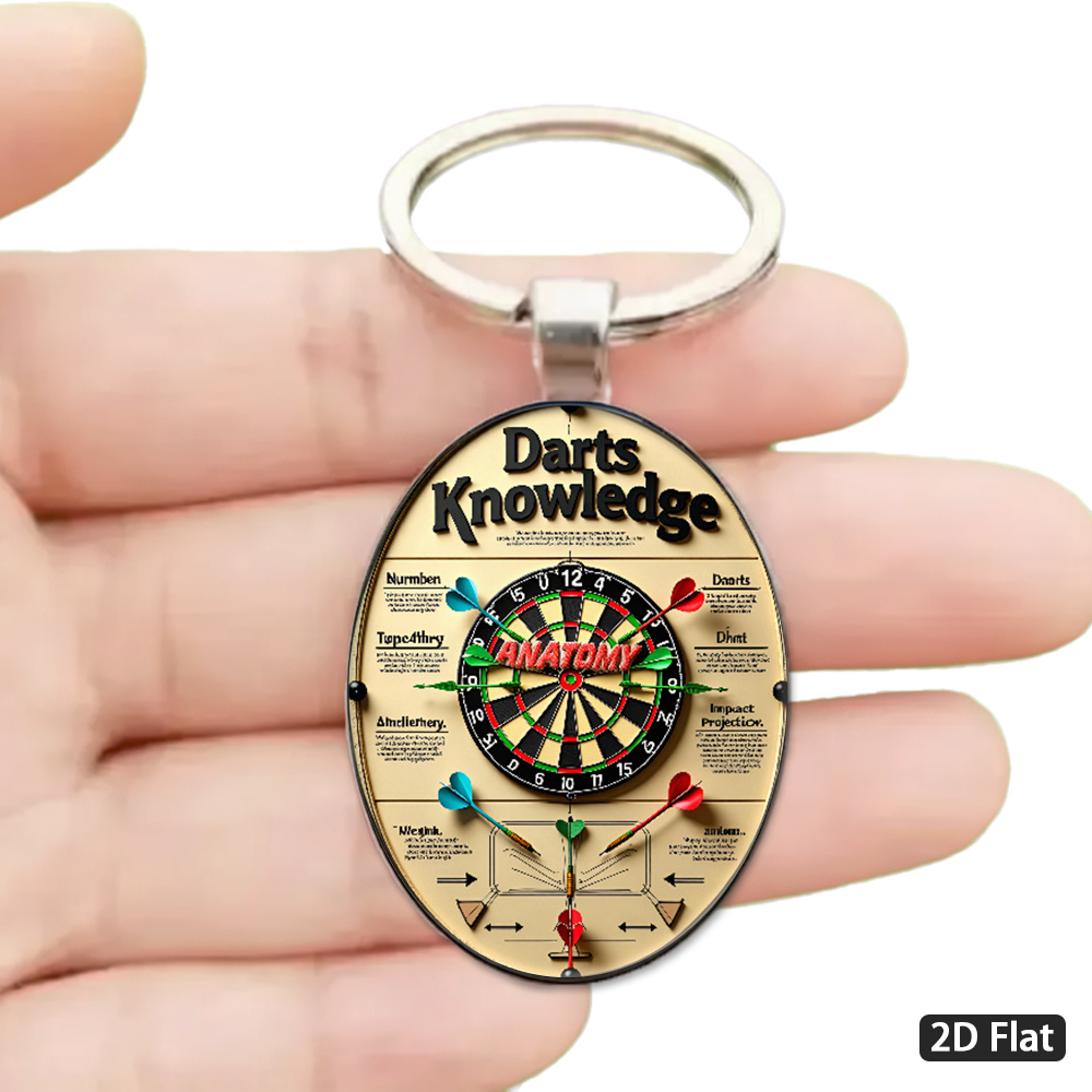 TEMU 2d Flat, 1pc 2d Flat Vintage-style "dart Knowledge" Themed Keychain, Classic Background With Black Lettering, Featuring Dart Anatomy Diagram And