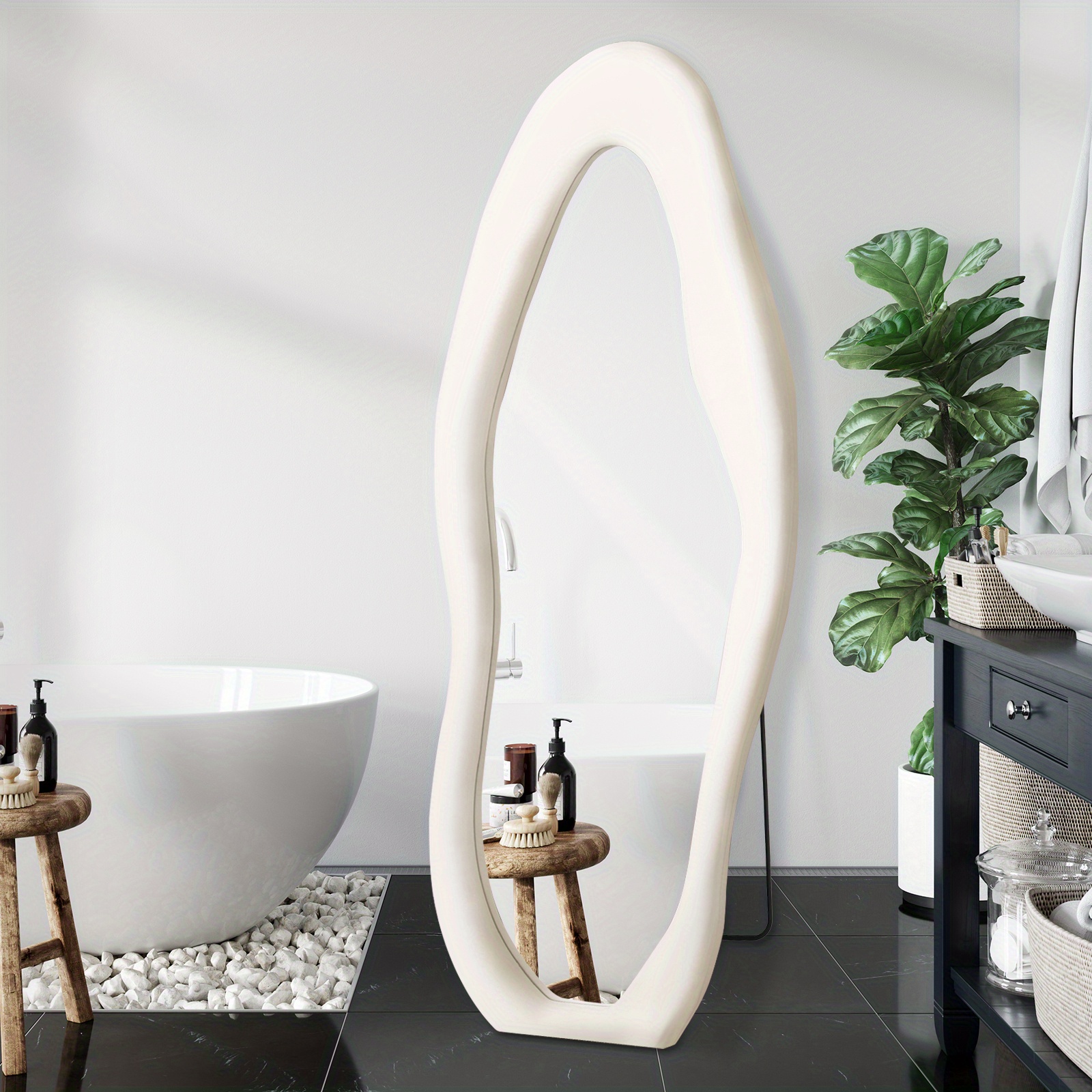 Full Length Mirror, 63 X 24 Irregular Mirror, Makeup Mirror, Wall Mounted, Bathroom Mirror Standing Mirrors With Flannel Wrapped Wooden Frame For Bathroom, Bedroom/ Living Room, White