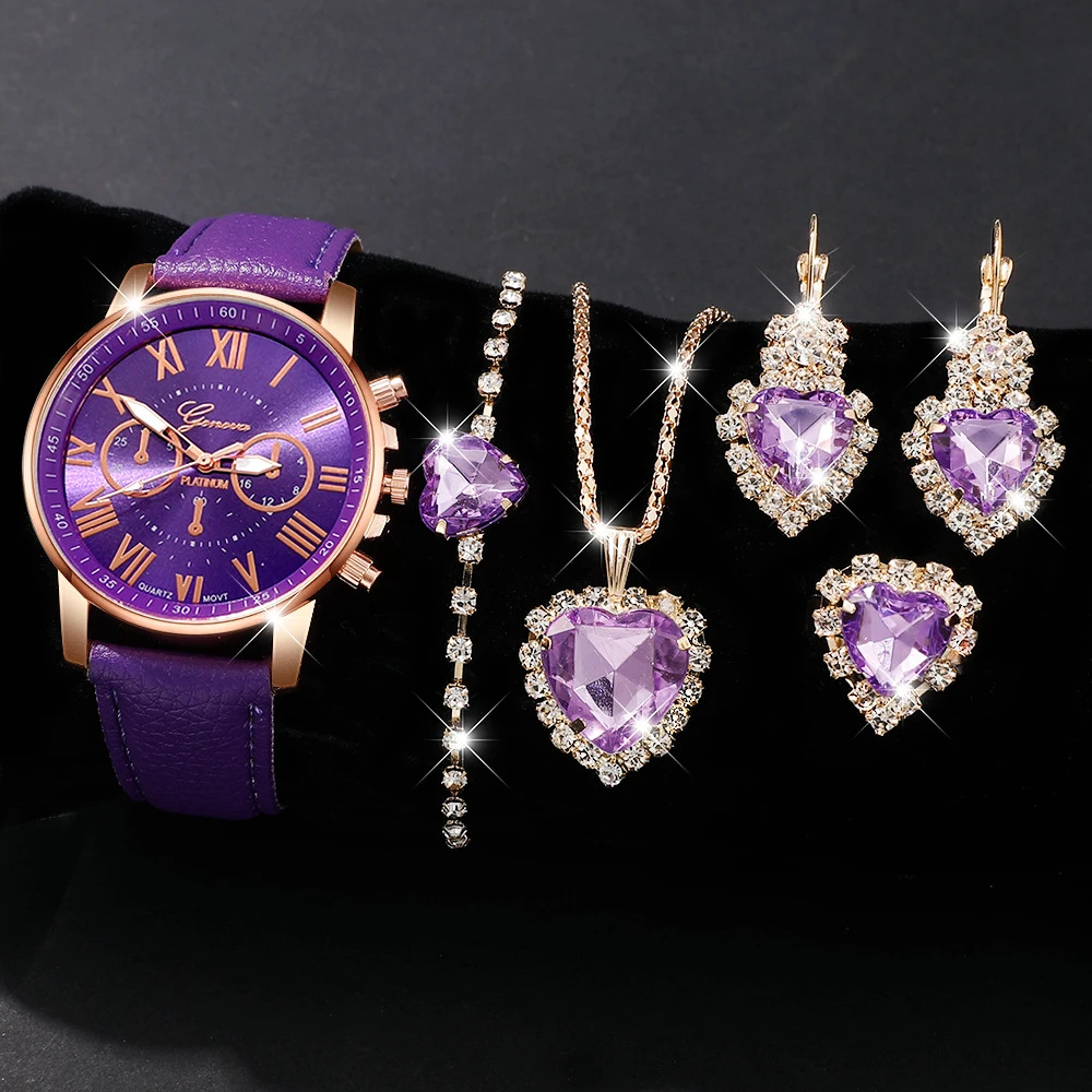 TEMU A Stylish Set For Women Featuring A Quartz Watch Along With Matching Jewelry Including A Ring, Bracelet, Necklace, And Earrings, Making It An