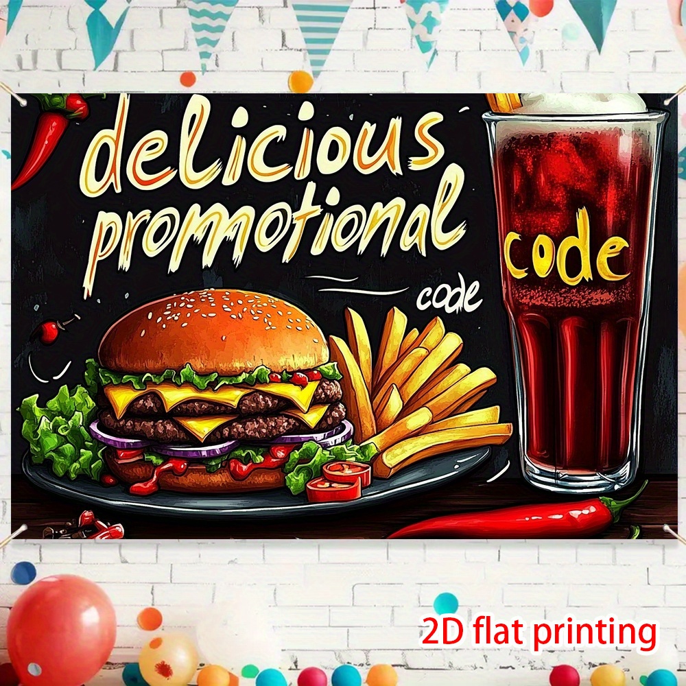 1  food promotion party banner vibrant burger fries drinks design with promo code durable polyester 2d flat print for home parties event backdrops food themed celebrations   decor   promotional signage   quality 2d flat 0