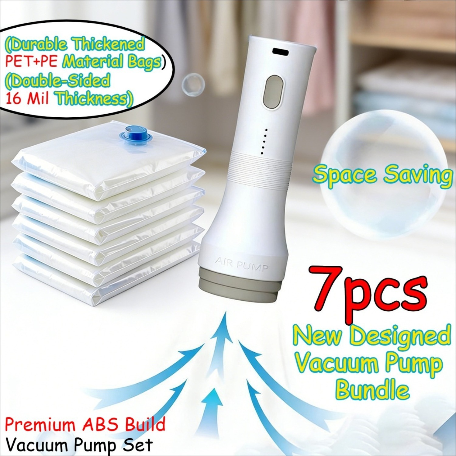 7  vacuum storage value bundle 6 heavy duty 12 mil double sided pet pe compression bags with 1 usb rechargeable   vacuum pump strong suction durable airtight seal for international travel closet seasonal organization