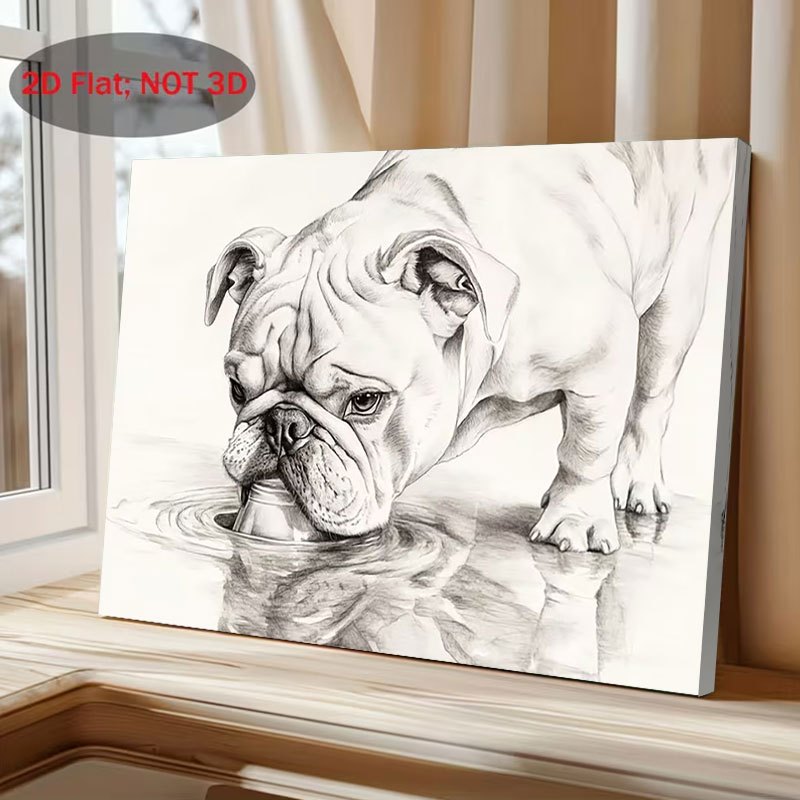 TEMU 2d Flat, 1pc English Bulldog Drinking Water Poster - Realistic Pencil- Suitable For Kitchen, Living Room, - Modern Wood Framed Canvas Painting