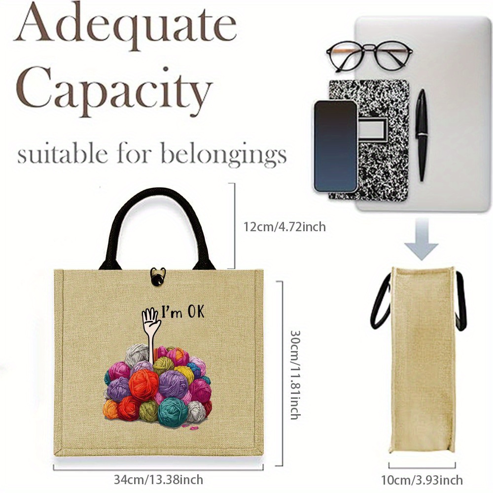 Image of Large Capacity "i'm " Knitting Yarn Tote Bag - Jute Handbag With Yarn Ball Design, Shopping, Travel, And Outdoor Activities, Chunky Yarn