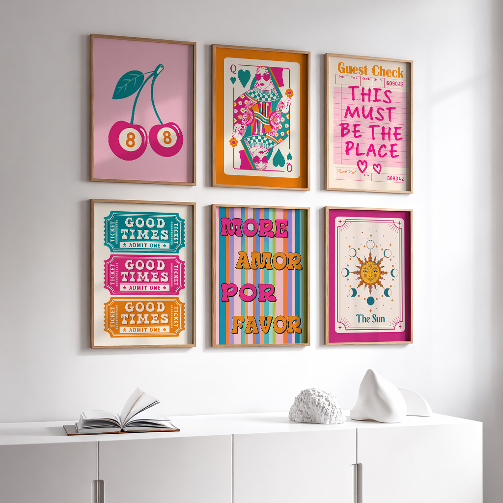 TEMU Ensemble de 6 peintures décoratives 2D plates, , de couleurs contrastées et orange, design tendance Y2K, de totem soleil de cartes à cerises,