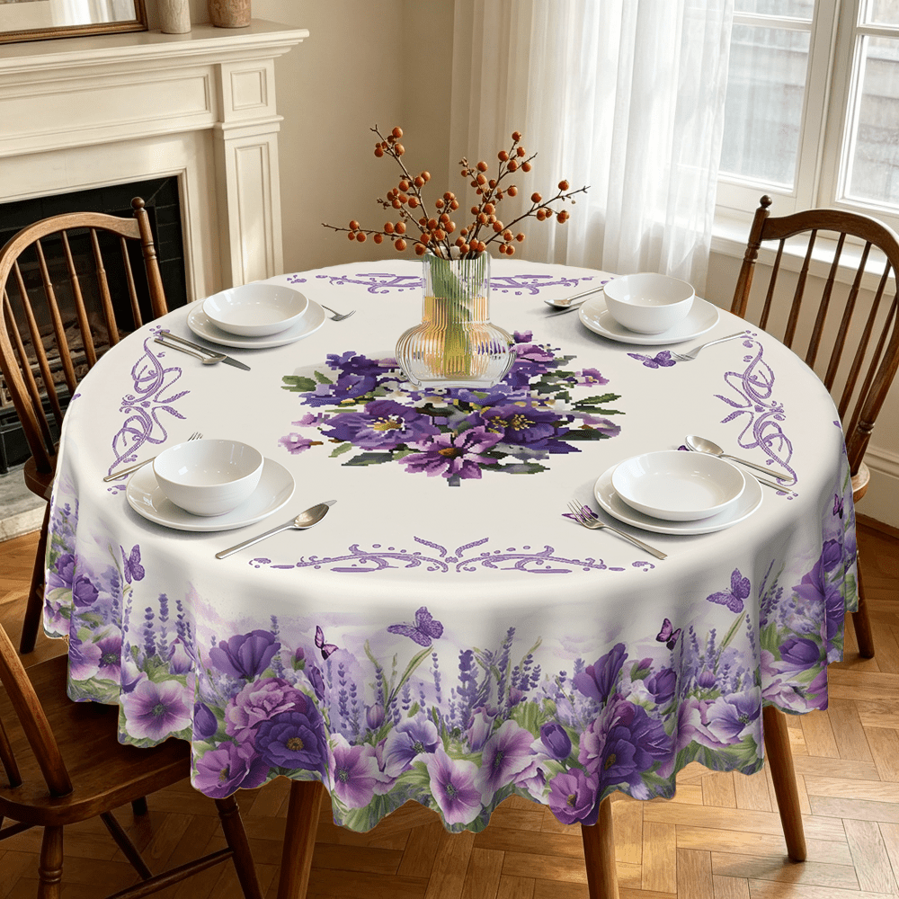 TEMU 1pc, Purple Round Tablecloth, Suitable For Indoor/outdoor Picnic Tablecloth, Outdoor Camping, Holiday Party Decor, Kitchen Dining, Home Decor,