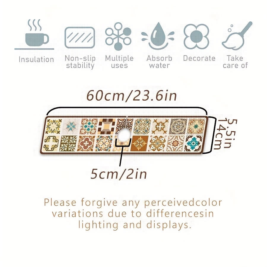 TEMU 1pc Bohemian Geometric Floral Vintage Art Themed Faucet Diatomite Absorbent Mat, For Household Washbasin, Kitchen Sink, Drying Mat, Dish Drying