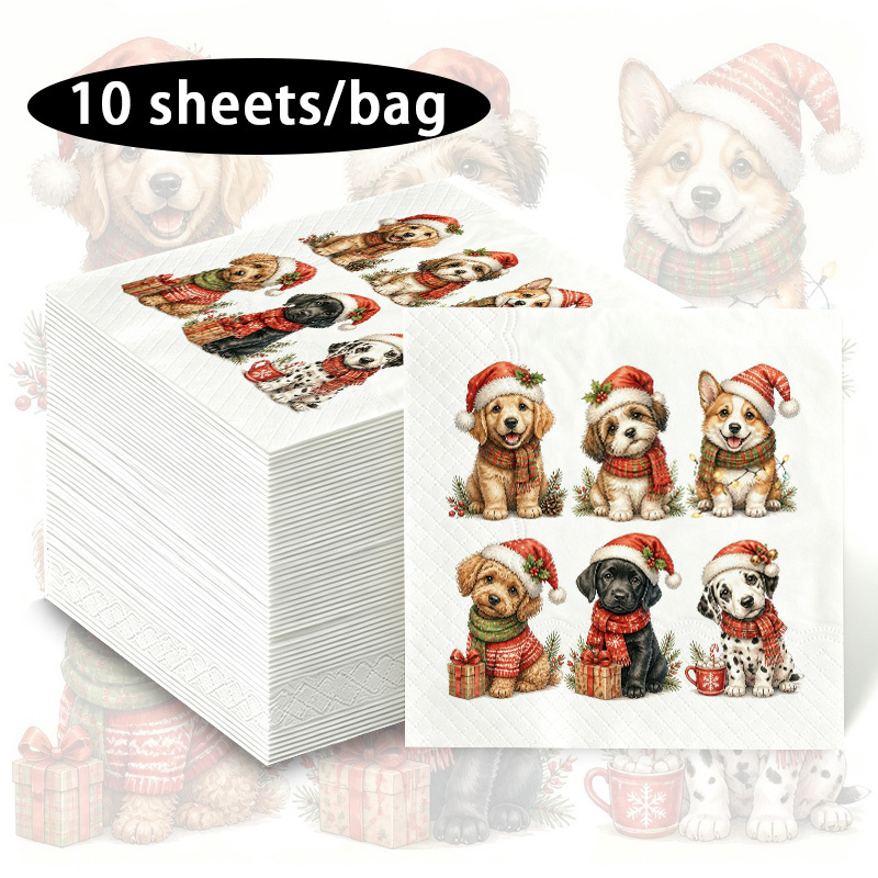 TEMU 10/20pcs Christmas Puppy Napkins, Christmas Puppy With Santa Hat Pattern Printed Tissues, A Popular Choice For Festive Scenes, Plaid Scarf