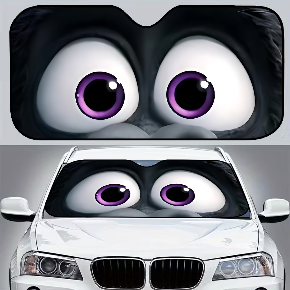 TEMU 1pc Big- Cute Purple Pupil Character Car Sun Visor, Foldable Storage, Effective Sun Protection To Keep The Car Cool, Convenient And Stable With