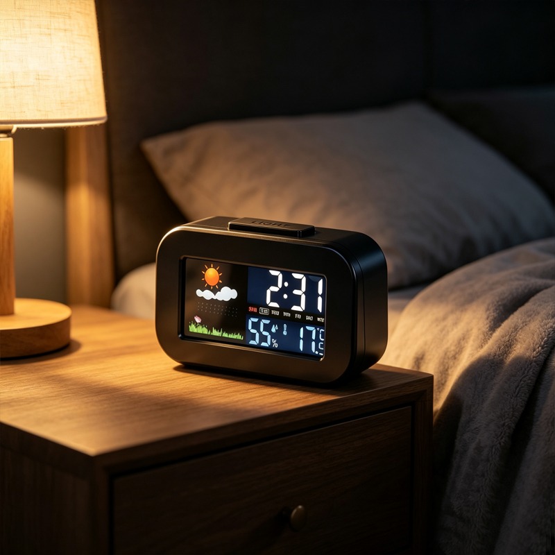 TEMU A Vibrant Weather Station Clock Featuring A Large Backlit Display For Real-time Temperature And Humidity Monitoring, Equipped With An Alarm