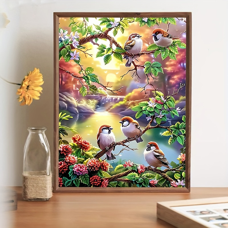 1pc 5d Diamond Painting Kit, 11.81x15.75 Inch Round Canvas, Animal Theme Birds And Flowers Mosaic Art Craft, For Home Wall Decor, Beginner , Frameless Living Room Bedroom Decoration