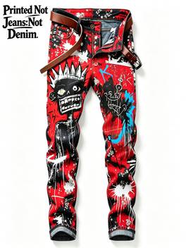 lightweight printed denim for summer denim like fabric mens hip hop punk street style red black graffiti full body digital printed casual pants daily wear skate party fashion trousers