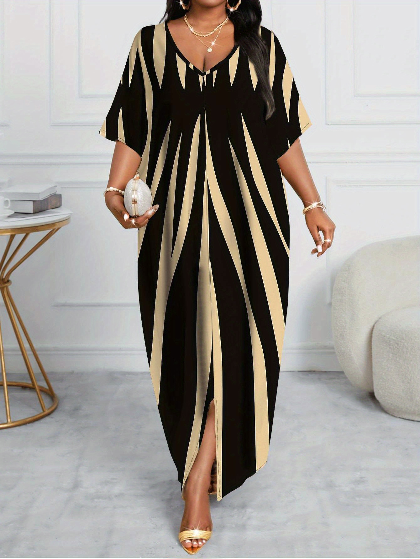 chinese dress ladies Women Plus Size Solid Black Square Neck Crepe Thigh-High Slit Flared A-Line  Maxi Dress main image 0