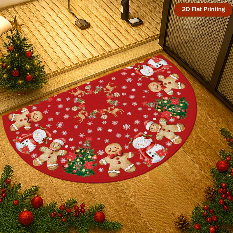 TEMU 2d 1pc Gingerbread Man Snowman Reindeer Snowflake Christmas Tree Semi-circular Entrance Carpet With Non-slip Backing, Soft Washable Indoor