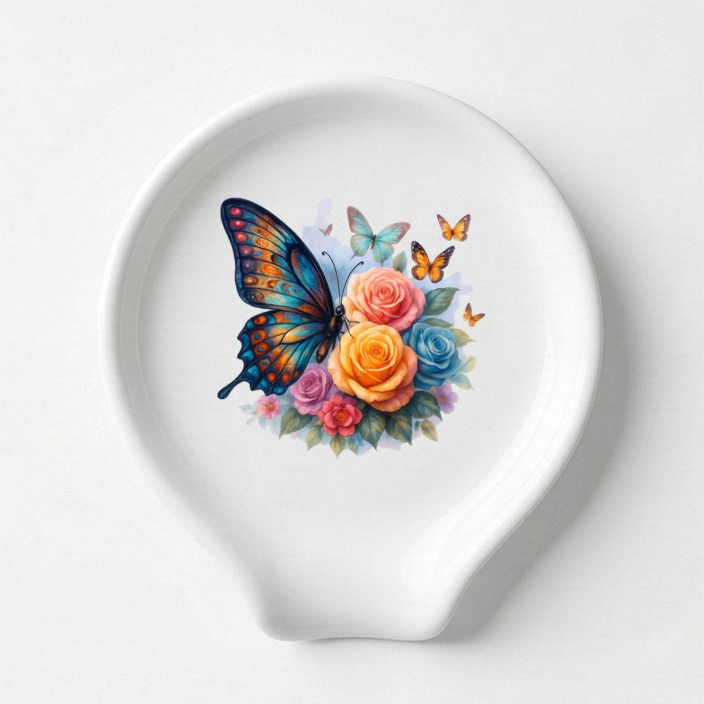 TEMU & Roses Watercolor Ceramic Spoon Rest, Vibrant Floral & Pattern, Decorative Kitchen Utensil Rest For Stovetop, Countertop, Ideal Gift For Floral