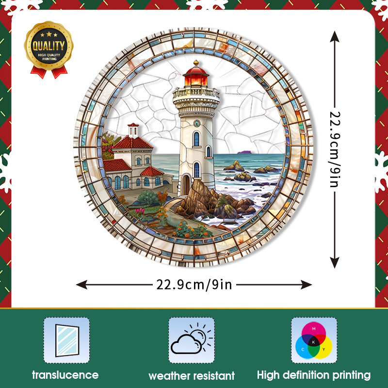 1pc Lighthouse Sun - Vibrant Stained Glass Window Decal With Coastal Scene, Electrostatic No-glue Design, 9"x9", Home, Garden, Party, And Rv Decor, Coastal Home Decor