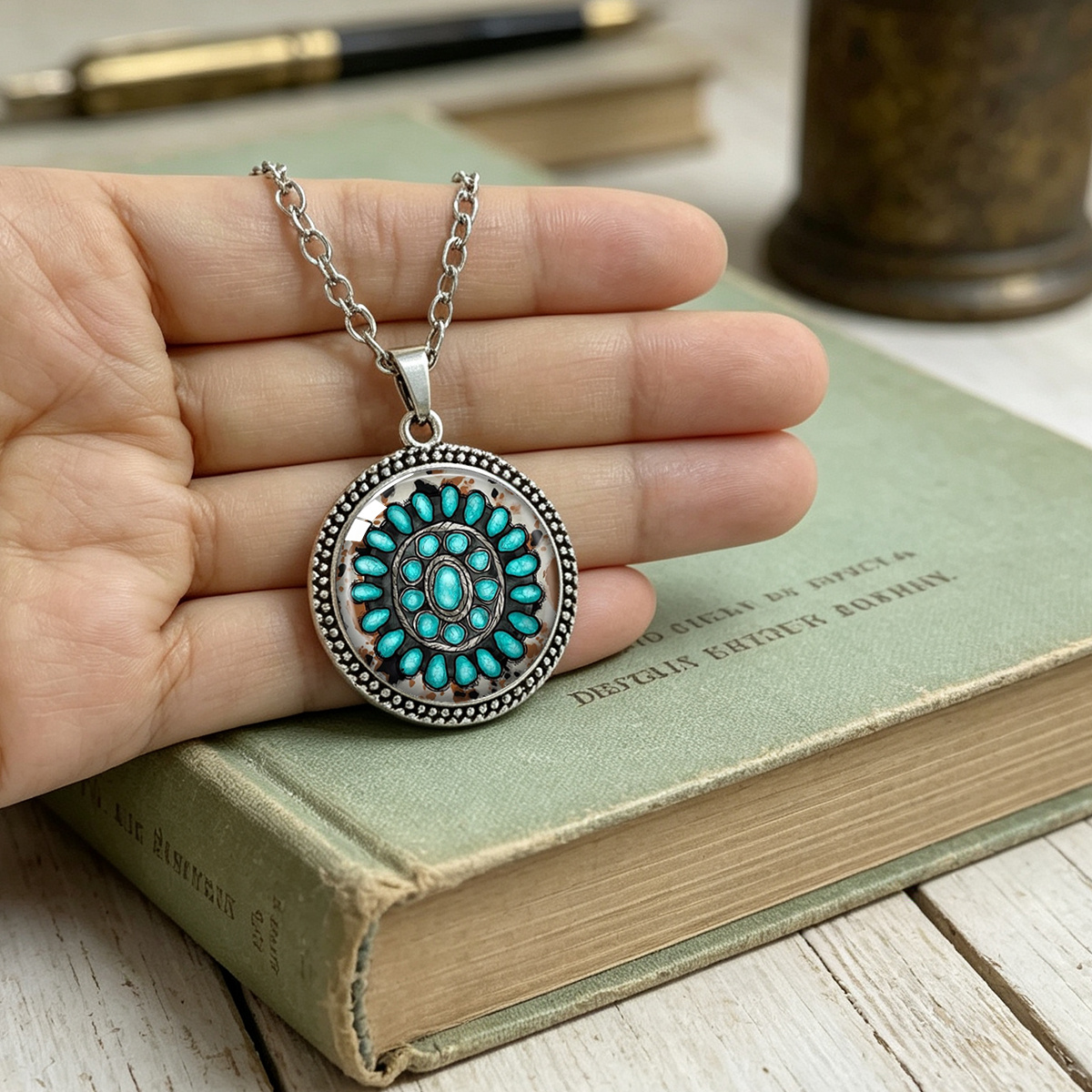 Vintage Blue-Green Floral Pattern Round Pendant Necklace