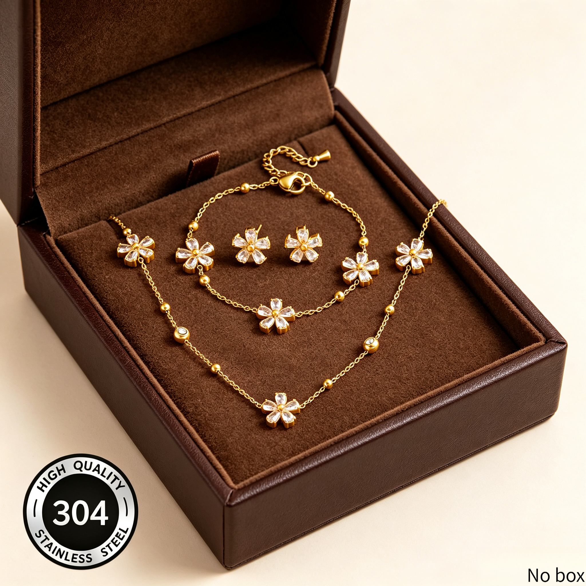 TEMU A 3pcs Set Of 304 Stainless Steel Flower Inlaid Synthetic Zirconia Pendant Women's Jewelry Set, Elegant, Luxurious, Fashionable, And High-end